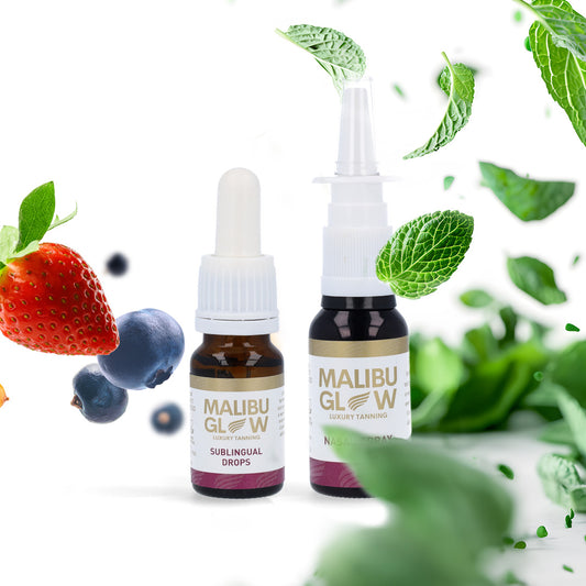 Malibu Tanning Single Strength Nasal Spray (20ml) (Menthol) & Malibu Tanning Double Strength Sublingual Drops (10ml) (Berry)